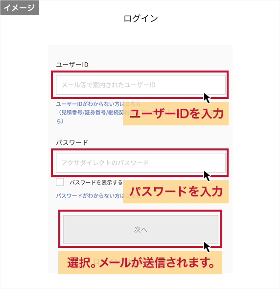 ②で登録したユーザーIDとパスワードを入力し「次へ」