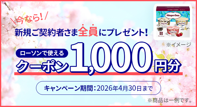 今なら！新規ご契約者さま全員にプレゼント！ ローソンで使えるクーポン1,000円分 キャンペーン期間：2026年4月30日まで ※商品は一例です。