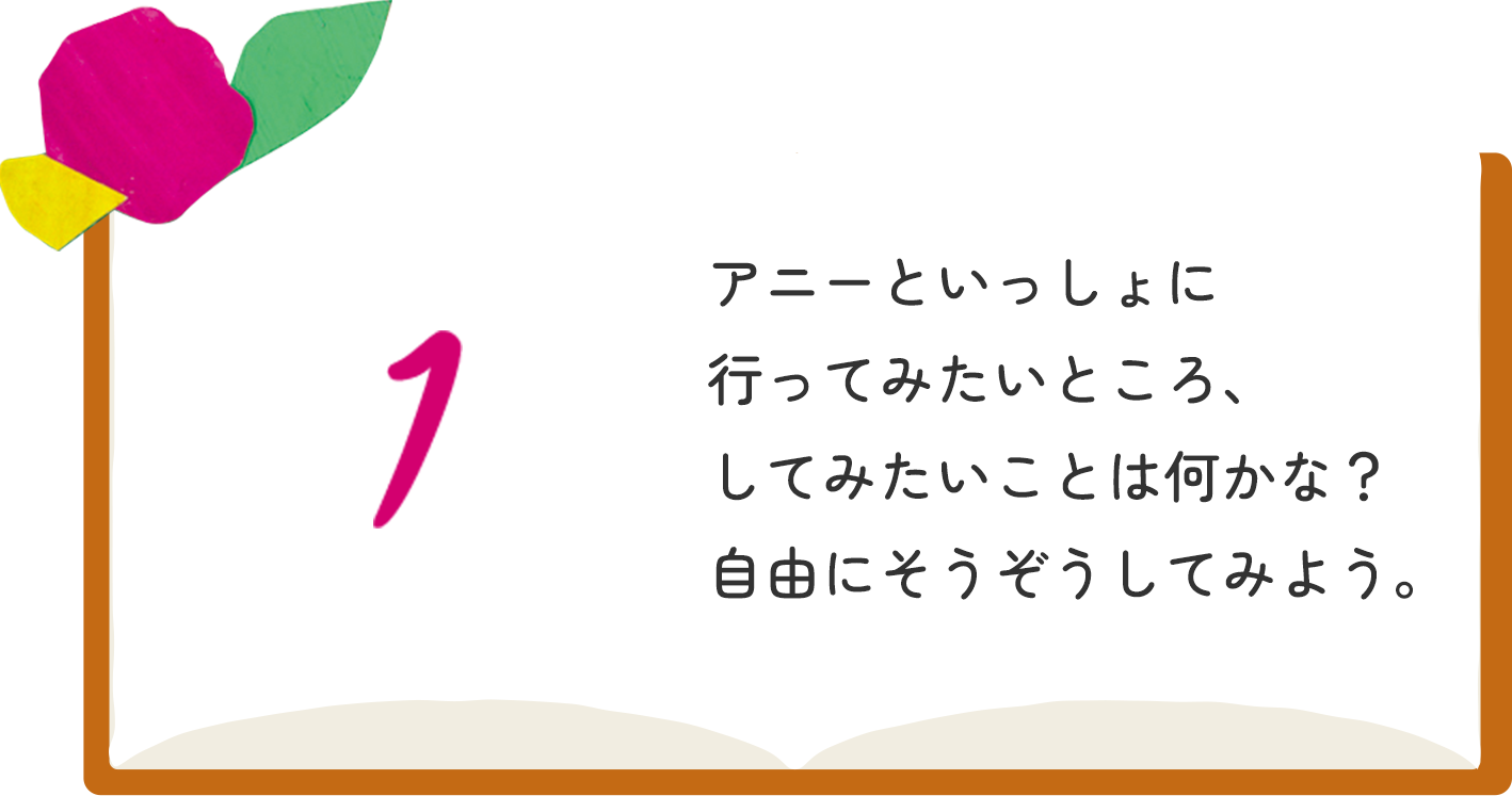 1 アニーといっしょに行ってみたいところ、してみたいことは何かな？自由にそうぞうしてみよう。